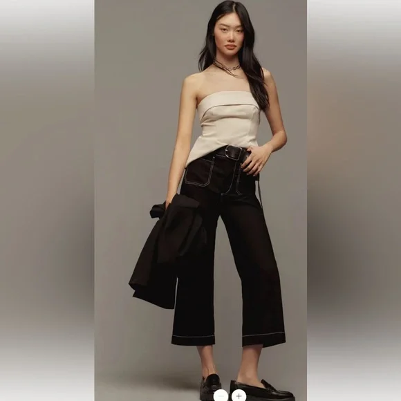 Anthropologie The Colette Contrast-Stitch Cropped Wide-Leg Pants Size 29 - Picture 2 of 6